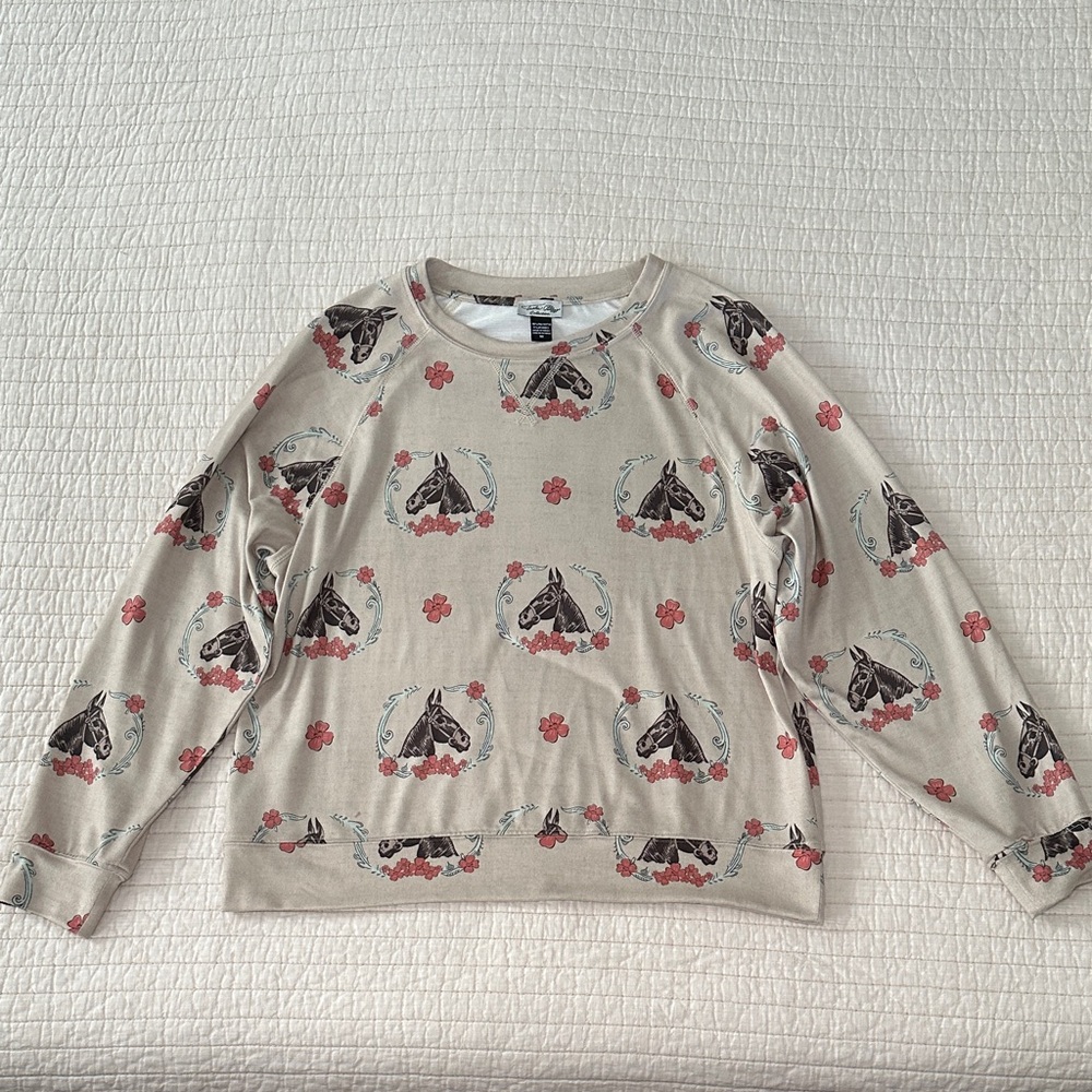 Tasha Polizzi Cream Sweatshirt with Horses and Floral Accents